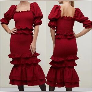 Rachel Parcell Jacquard Smocked Red Midi Dress Size Small New